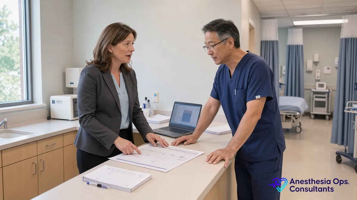 A surgery center administrator and a physician owner in scrubs review an operating room schedule together at a nurses' station