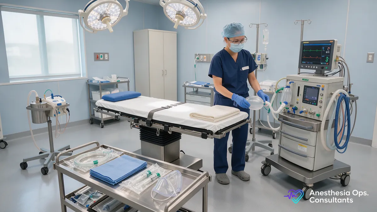 A nurse anesthetist checks the anesthesia machine in an outpatient surgery center operating room before the first case