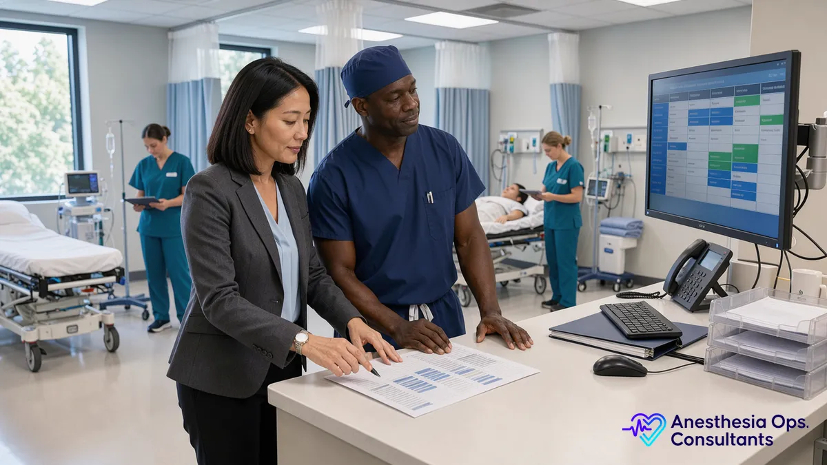 A surgery center administrator and an anesthesiologist in scrubs review the day's case schedule at a nurses' station, with a pre-op bay behind them
