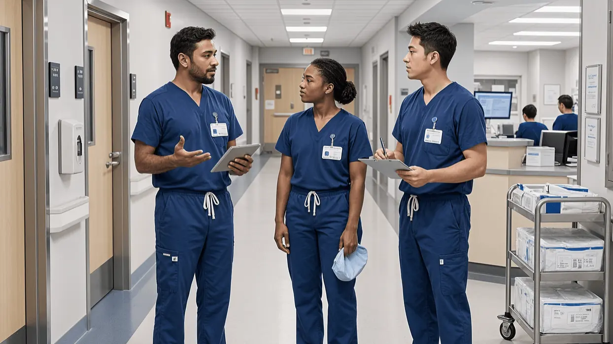 An anesthesiologist and two nurse anesthetists talking in a hospital corridor