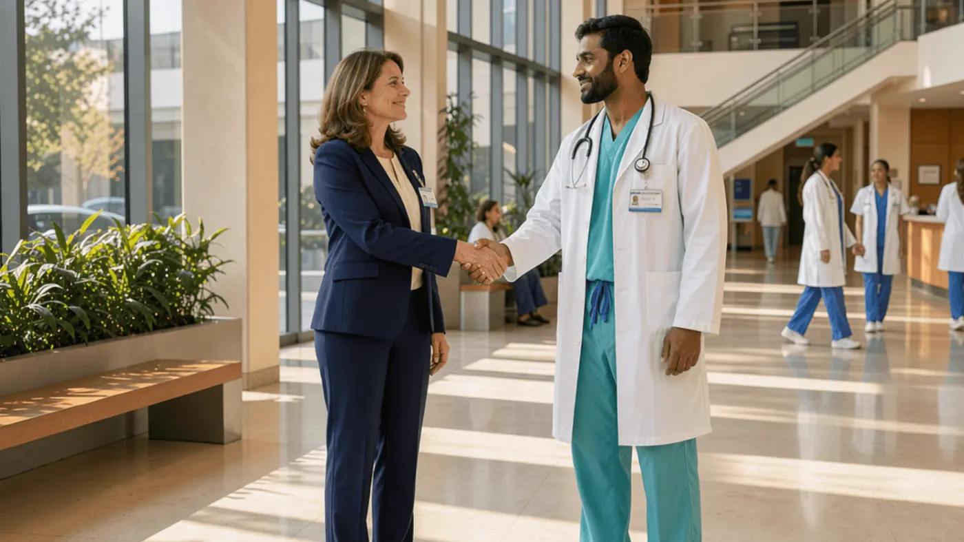 A hospital executive and an anesthesiologist shaking hands in a sunlit hospital atrium