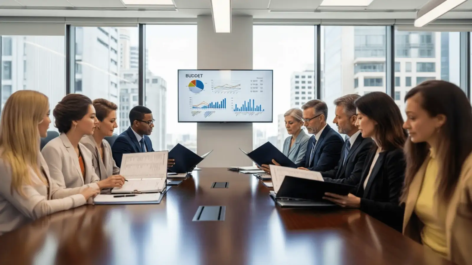 Hospital executives reviewing the budget